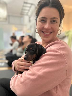 Enjoying puppy yoga!