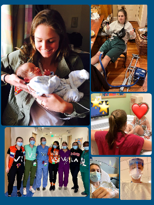 L to R clockwise: holding newborn Boden in the BCH NICU; icing after surgery at BCH Waltham; administering an EKG to a cardiology patient; all PPEd up for a cardiology patient; in orthopedic surgery preop; with my wonderful cardiology clinical assistant team, we dressed up as EKG leads for Halloween :)